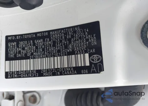 2014 Toyota Corolla Le из США, поврежденный, VIN 2T1BURHE5EC167601